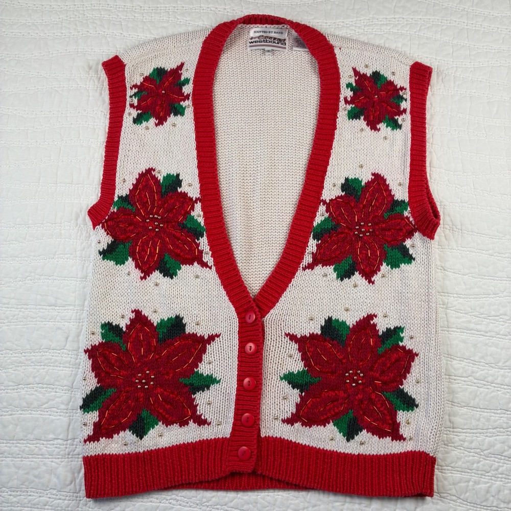 Vtg Westbound Christmas Sweater Vest M Poinsettia Beaded Hand Knit Holiday Retro